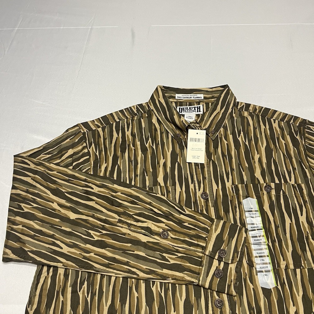 Duluth Trading Free Swingin Flannel Shirt Men's L Tall Tree Bark Camo Hunt NWT
